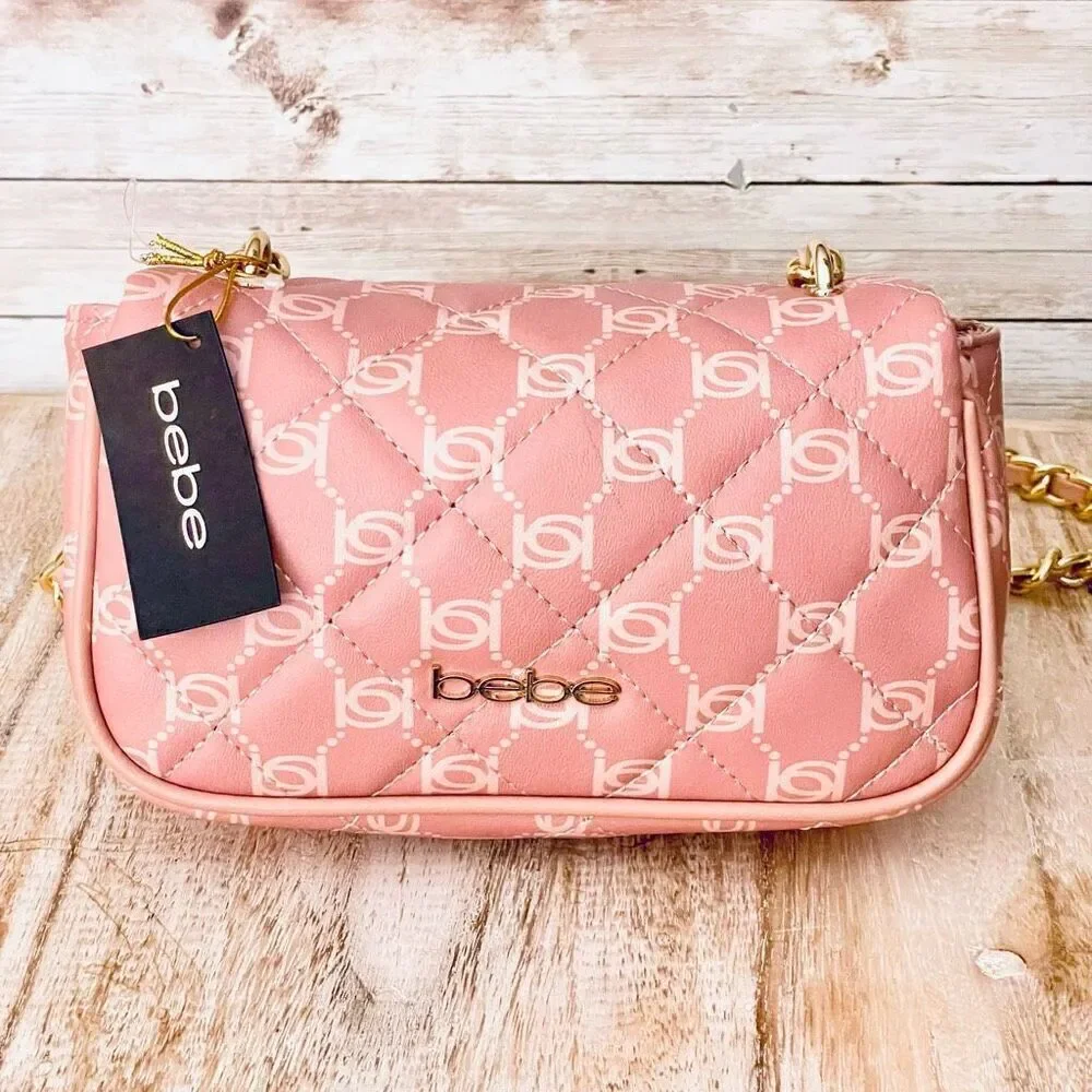 NWT BEBE Gorgeous Pink logo Liv Signature quilted gold chain Crossbody bag
